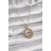 316L Çelik Gold Renk Zincir Gümüş Zirkon Taşlı Daire Model Kadın Kolye TJ-BKO9481