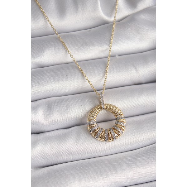 316L Çelik Gold Renk Zincir Gümüş Zirkon Taşlı Daire Model Kadın Kolye - TJ-BKO9481
