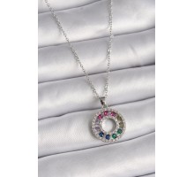 316L Çelik Gümüş Renk Zincir Renkli Zirkon Taşlı Madalyon Model Kadın Kolye - TJ-BKO9489