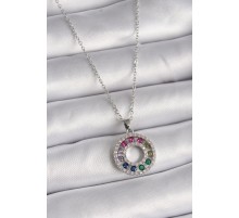 316L Çelik Gümüş Renk Zincir Renkli Zirkon Taşlı Madalyon Model Kadın Kolye - TJ-BKO9489