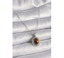 316L Çelik Gümüş Renk Zincir Kehribar Boncuk Model Kadın Kolye - TJ-BKO9491