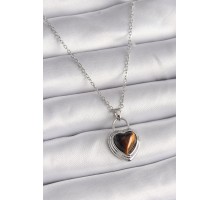 316L Çelik Gümüş Renk Zincir Kilit Kalp Kehribar Boncuk Model Kadın Kolye - TJ-BKO9495