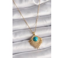 316L Çelik Gold Renk Zincir Mavi Boncuk Güneş Model Kadın Kolye - TJ-BKO9502