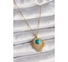 316L Çelik Gold Renk Zincir Mavi Boncuk Güneş Model Kadın Kolye - TJ-BKO9502