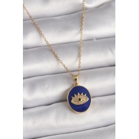 316L Çelik Gold Renk Zincir Mavi Mineli Zirkon Taşlı Göz İşleme Kadın Kolye - TJ-BKO9505