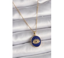 316L Çelik Gold Renk Zincir Mavi Mineli Zirkon Taşlı Göz İşleme Kadın Kolye - TJ-BKO9505