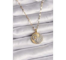 316L Çelik Mix Renk Zincir Zirkon Taşlı Gün Doğumu/Batımı Madalyon Model Kadın Kolye - TJ-BKO9514