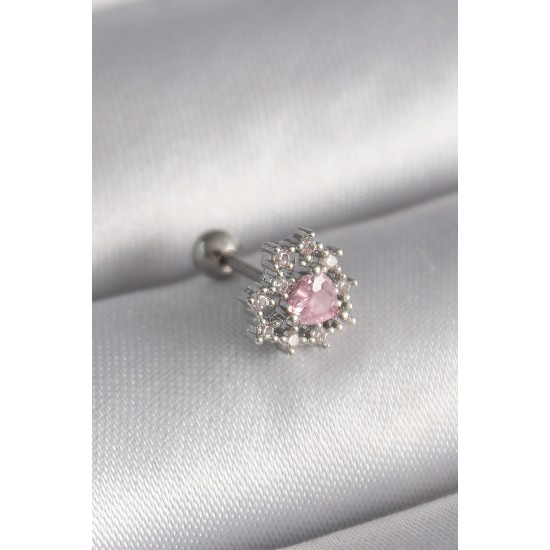 316L Çelik Gümüş Renk Zirkon Taşlı Kalp Tragus Piercing - TJ-PR1231