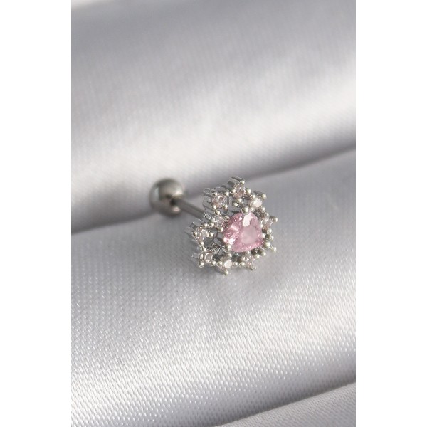 316L Çelik Gümüş Renk Zirkon Taşlı Kalp Tragus Piercing - TJ-PR1231