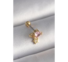 316L Çelik Gold Renk Pembe Zirkon Taşlı Sallantı Yıldız Detay Tragus Piercing - TJ-PR1236