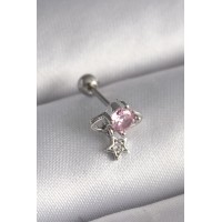 316L Çelik Gümüş Renk Pembe Zirkon Taşlı Sallantı Yıldız Detay Tragus Piercing TJ-PR1237