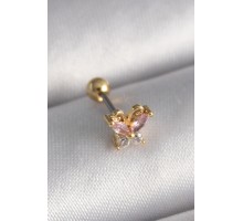 316L Çelik Gold Renk Pembe Zirkon Taşlı Kelebek Tragus Piercing - TJ-PR1240