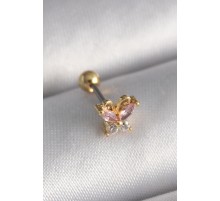 316L Çelik Gold Renk Pembe Zirkon Taşlı Kelebek Tragus Piercing - TJ-PR1240