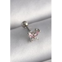 316L Çelik Gümüş Renk Pembe Zirkon Taşlı Kelebek Tragus Piercing TJ-PR1241