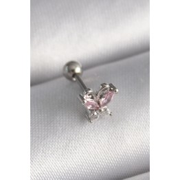 316L Çelik Gümüş Renk Pembe Zirkon Taşlı Kelebek Tragus Piercing TJ-PR1241