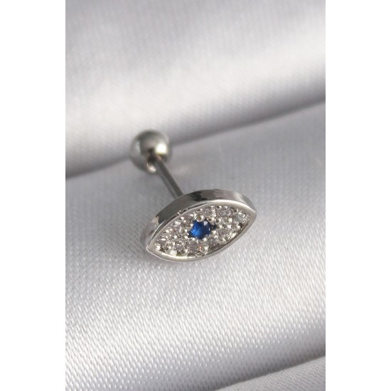 316L Çelik Gümüş Renk Zirkon Taşlı Göz Tragus Piercing - TJ-PR1253