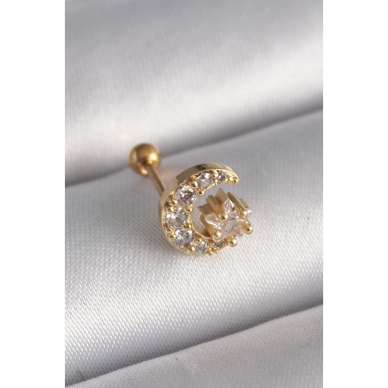 316L Çelik Gold Renk Zirkon Taşlı Ay Yıldız Tragus Piercing - TJ-PR1256