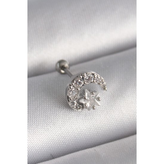 316L Çelik Gümüş Renk Zirkon Taşlı Ay Yıldız Tragus Piercing - TJ-PR1257