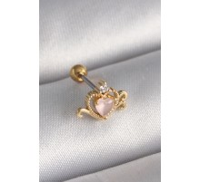 316L Çelik Gold Renk Pembe Mineli Kalp Zirkon Taş Detay Tragus Piercing - TJ-PR1260