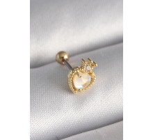 316L Çelik Gold Renk Beyaz Mineli Kalp Zirkon Taş Detaylı Taç Tragus Piercing - TJ-PR1262