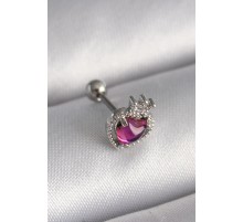 316L Çelik Gümüş Renk Pembe Mineli Kalp Zirkon Taş Detaylı Taç Tragus Piercing - TJ-PR1263