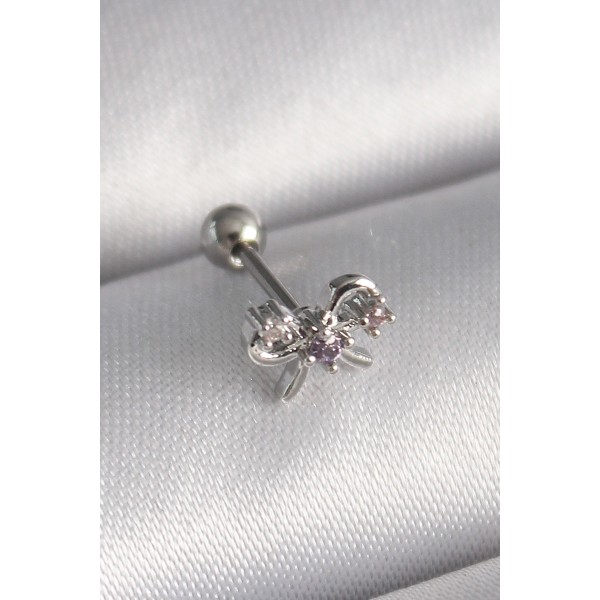 316L Çelik Gümüş Renk Zirkon Taşlı Kurdele Tragus Piercing - TJ-PR1265