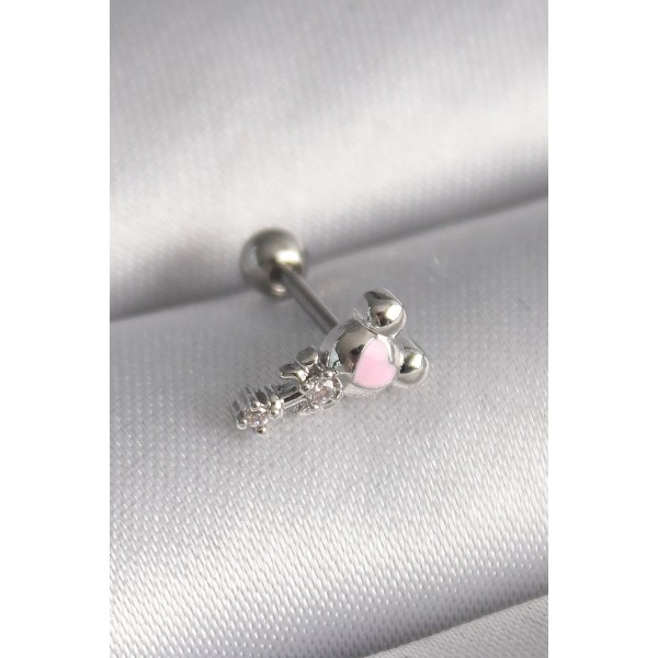316L Çelik Gümüş Renk Zirkon Taş Detay Pembe Kalp İşleme Tragus Piercing - TJ-PR1281