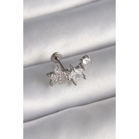 316L Çelik Gümüş Renk Zirkon Taşlı Yıldız Model Tragus Piercing - TJ-PR1339
