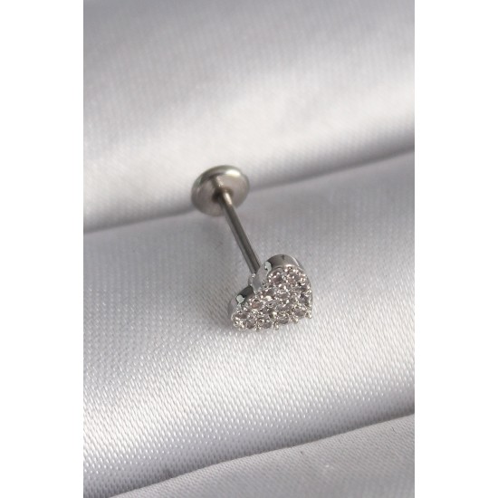 316L Çelik Gümüş Renk Zirkon Taşlı Kalp Model Tragus Piercing - TJ-PR1347