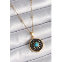 316L Çelik Gold Renk Mavi Boncuk Güneş İşleme Madalyon Model Kadın Kolye TJ-BKO9524