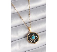 316L Çelik Gold Renk Mavi Boncuk Güneş İşleme Madalyon Model Kadın Kolye - TJ-BKO9524