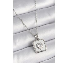 316L Çelik Gümüş Renk Kare Madalyon Kalp Zirkon Taş İşleme Kadın Kolye - TJ-BKO9525