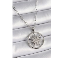 316L Çelik Gümüş Renk Zirkon Taşlı Güneş Madalyon Model Kadın Kolye - TJ-BKO9529