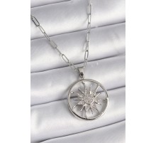 316L Çelik Gümüş Renk Zirkon Taşlı Güneş Madalyon Model Kadın Kolye - TJ-BKO9529