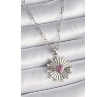 316L Çelik Gümüş Renk Pembe Zirkon Taşlı Kalp İşleme Madalyon Model Kadın Kolye - TJ-BKO9533