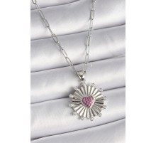 316L Çelik Gümüş Renk Pembe Zirkon Taşlı Kalp İşleme Madalyon Model Kadın Kolye - TJ-BKO9533