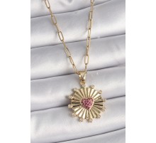316L Çelik Gold Renk Pembe Zirkon Taşlı Kalp İşleme Madalyon Model Kadın Kolye - TJ-BKO9534