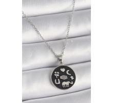 316L Çelik Gümüş Renk Siyah Renk Şans Kolyesi - TJ-BKO9546