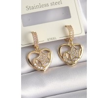 Pirinç Gold Renk Zirkon Taşlı Kalp Model Ay Yıldız İşleme Kadın Küpe - TJ-BKP9737