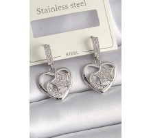 Pirinç Gümüş Renk Kalp Model Zirkon Taşlı Ay Yıldız İşlemeli Kadın Küpe - TJ-BKP9738