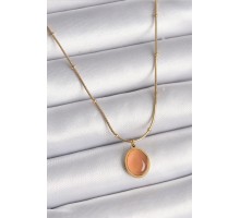 316L Çelik Gold Renk Turuncu Kedi Gözü Sedefli Oval Model Kadın Kolye - TJ-BKO9559