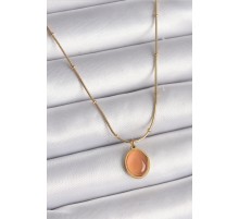 316L Çelik Gold Renk Turuncu Kedi Gözü Sedefli Oval Model Kadın Kolye - TJ-BKO9559