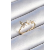 Pirinç Gold Renk Zirkon Taşlı Kalp Yaprak Model İnci Detay Kadın Yüzük - TJ-BYK3430