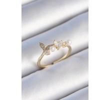 Pirinç Gold Renk Zirkon Taşlı Kalp Yaprak Model İnci Detay Kadın Yüzük - TJ-BYK3430