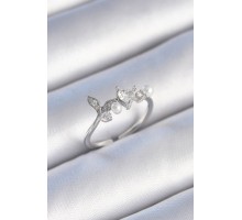 Pirinç Gümüş Renk Zirkon Taşlı Kalp Yaprak Model İnci Detay Kadın Yüzük - TJ-BYK3431