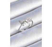 Pirinç Gümüş Renk Zirkon Taşlı Kalp Yaprak Model İnci Detay Kadın Yüzük - TJ-BYK3431