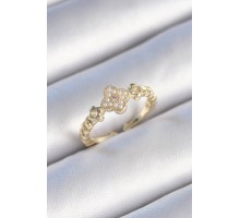 Pirinç Gold Renk İncili Yonca Model Zirkon Taş Detay Kadın Yüzük - TJ-BYK3438