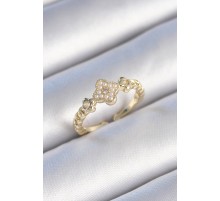 Pirinç Gold Renk İncili Yonca Model Zirkon Taş Detay Kadın Yüzük - TJ-BYK3438