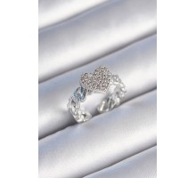 Pirinç Gümüş Renk Zincir Kordon Zirkon Taşlı Kalp Model Kadın Yüzük - TJ-BYK3484