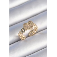 Pirinç Gold Renk Zincir Kordon Zirkon Taşlı Kalp Model Kadın Yüzük TJ-BYK3485